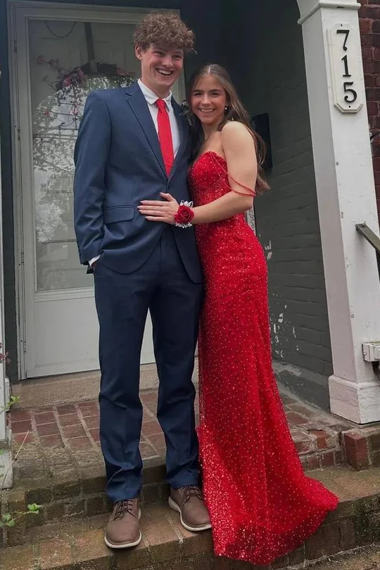 Off-Shoulder Glitter Mermaid Long Prom Dress Red Sequins Evening Dress J9083