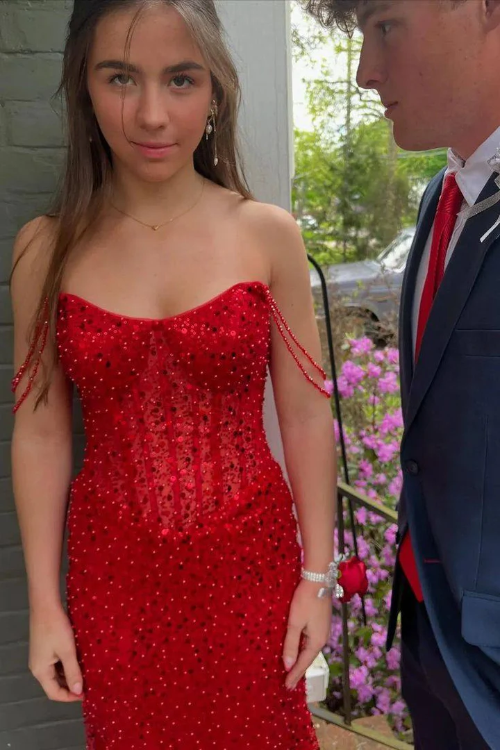 Off-Shoulder Glitter Mermaid Long Prom Dress Red Sequins Evening Dress J9083