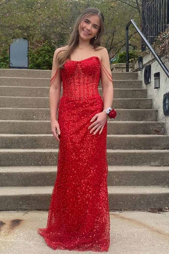 Off-Shoulder Glitter Mermaid Long Prom Dress Red Sequins Evening Dress J9083