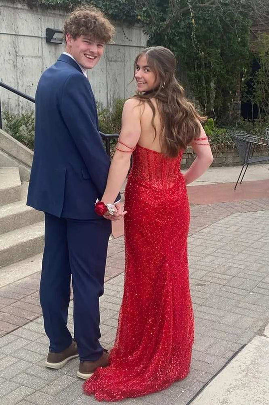 Off-Shoulder Glitter Mermaid Long Prom Dress Red Sequins Evening Dress J9083
