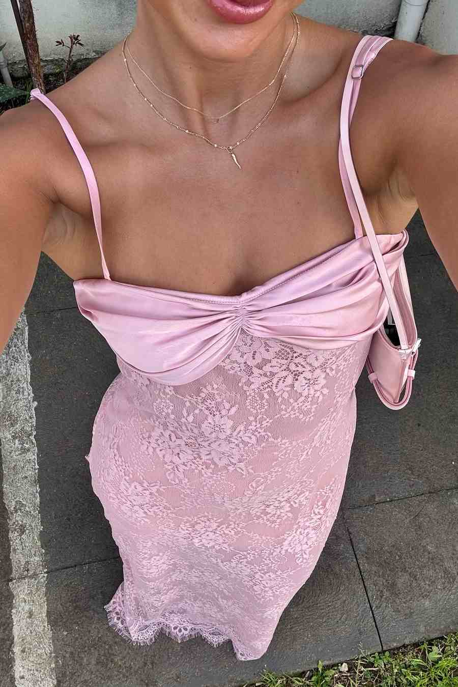 Pink Spaghetti Straps Lace Long Prom Dress Birthday Outfit J9087