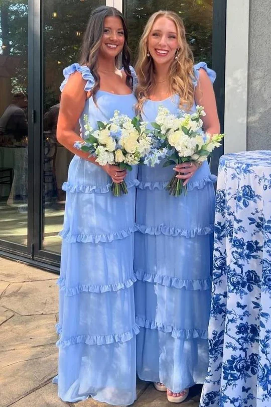 Blue A-Line Ruffles Straps Chiffon Long Prom Dress Bridesmaid Dress