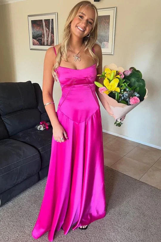 Spaghetti Straps A-Line Square Neck Satin Prom Dress