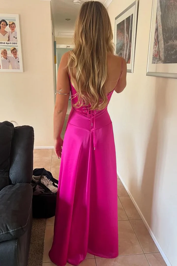 Spaghetti Straps A-Line Square Neck Satin Prom Dress
