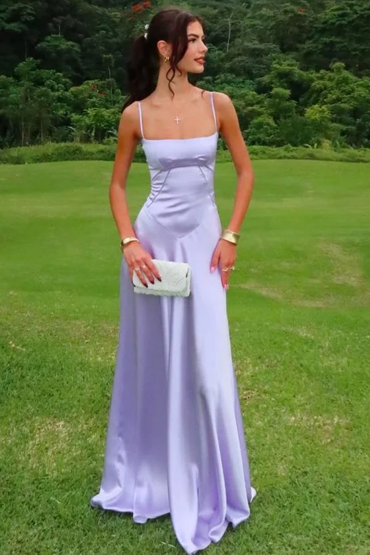 Spaghetti Straps A-Line Square Neck Satin Prom Dress