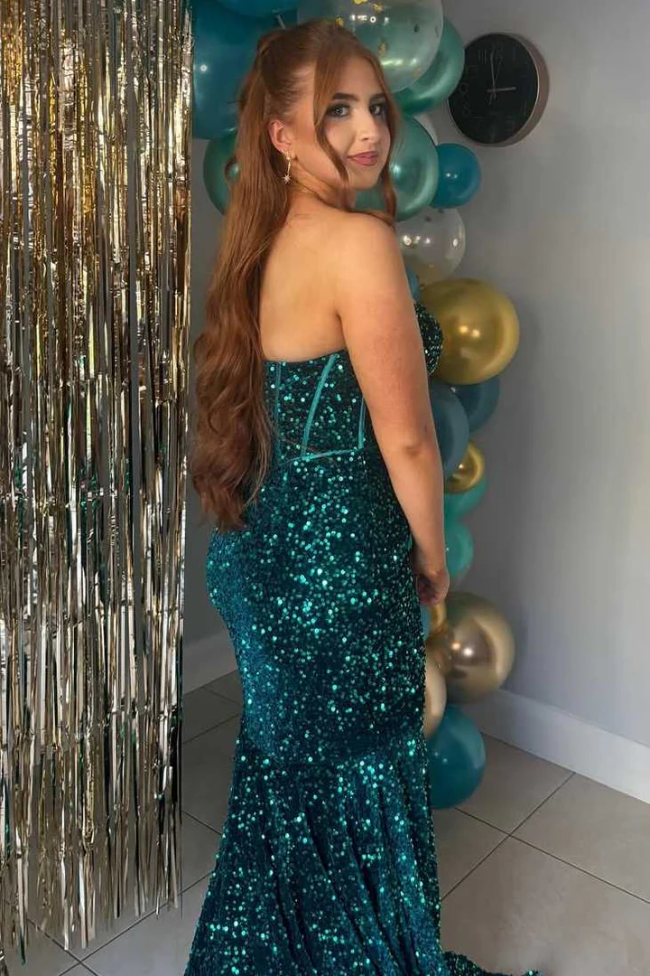 Sparkly Strapless Sweetheart Mermaid Sequined Prom Dress with Train J9103