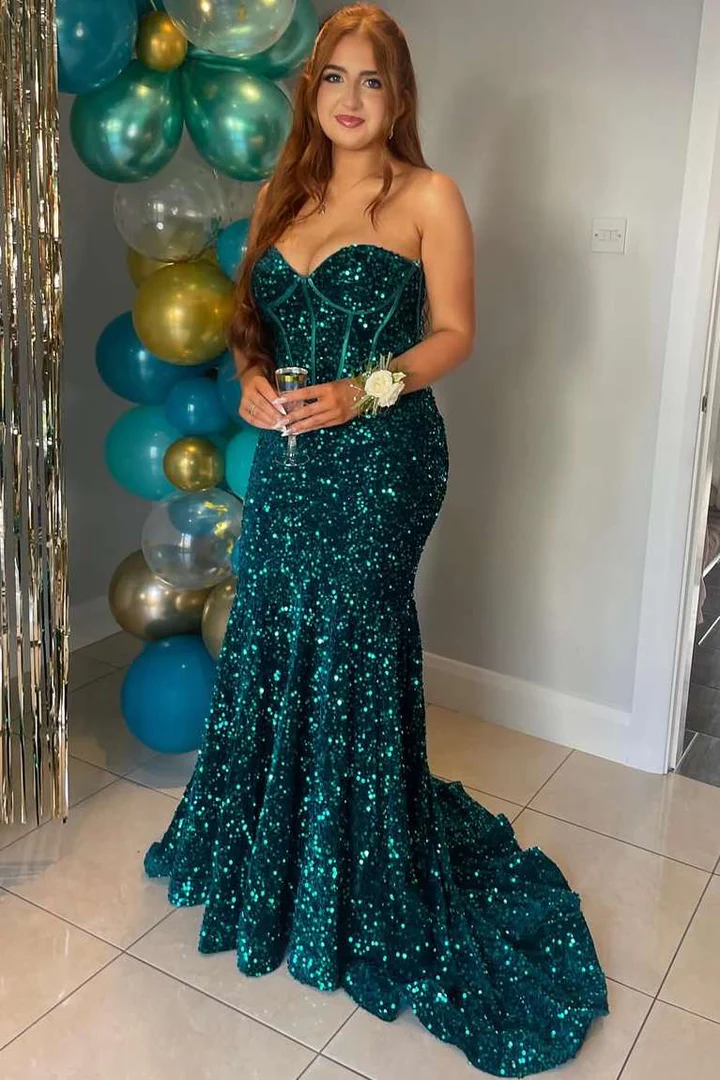 Sparkly Strapless Sweetheart Mermaid Sequined Prom Dress with Train J9103