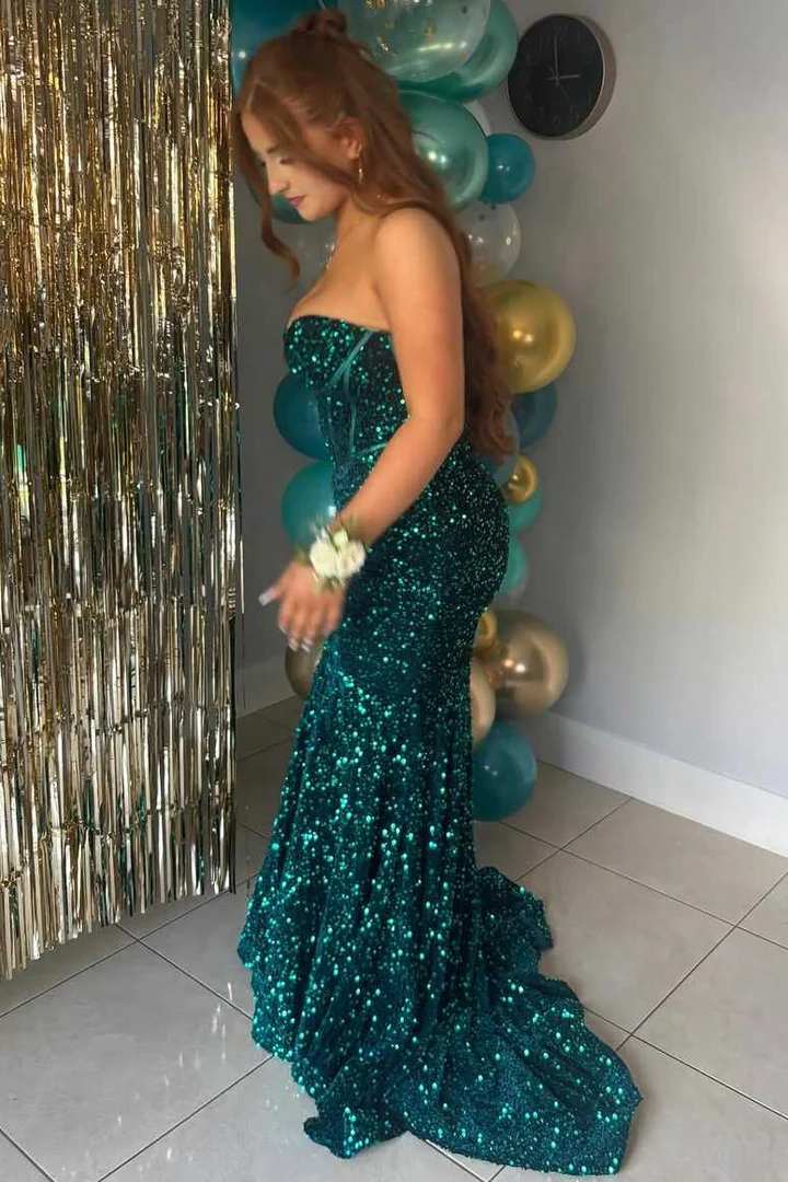Sparkly Strapless Sweetheart Mermaid Sequined Prom Dress with Train J9103