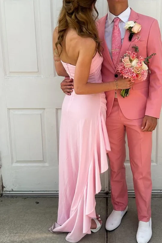 Pink Strapless Pleated Satin Side Slit Long Prom Party Dress J9110