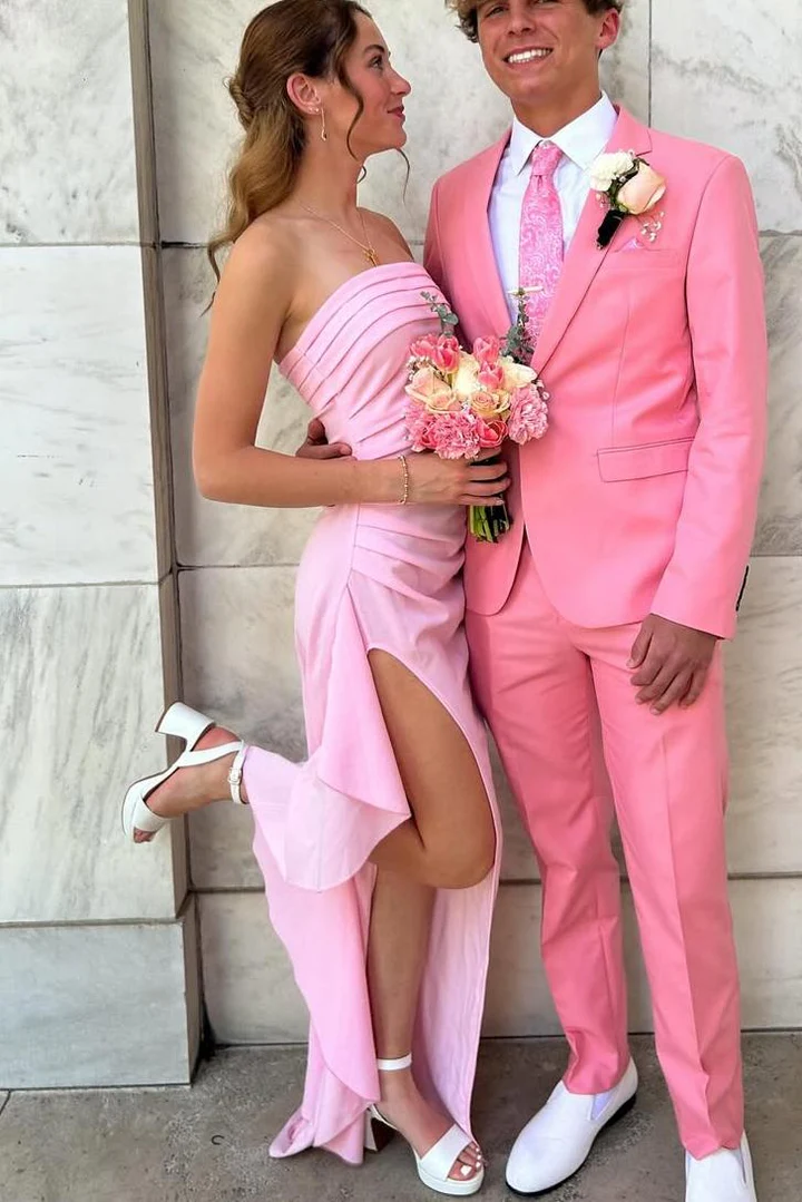 Pink Strapless Pleated Satin Side Slit Long Prom Party Dress J9110