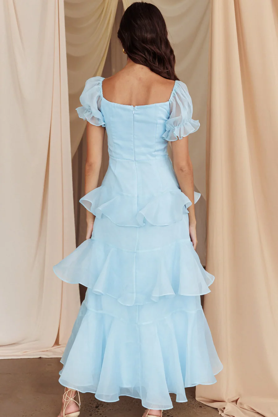 Elegant Blue Ruffles Short Sleeves Long Formal Prom Dress