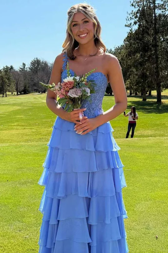 One Shoulder A-Line Layered Chiffon Prom Dress J9112