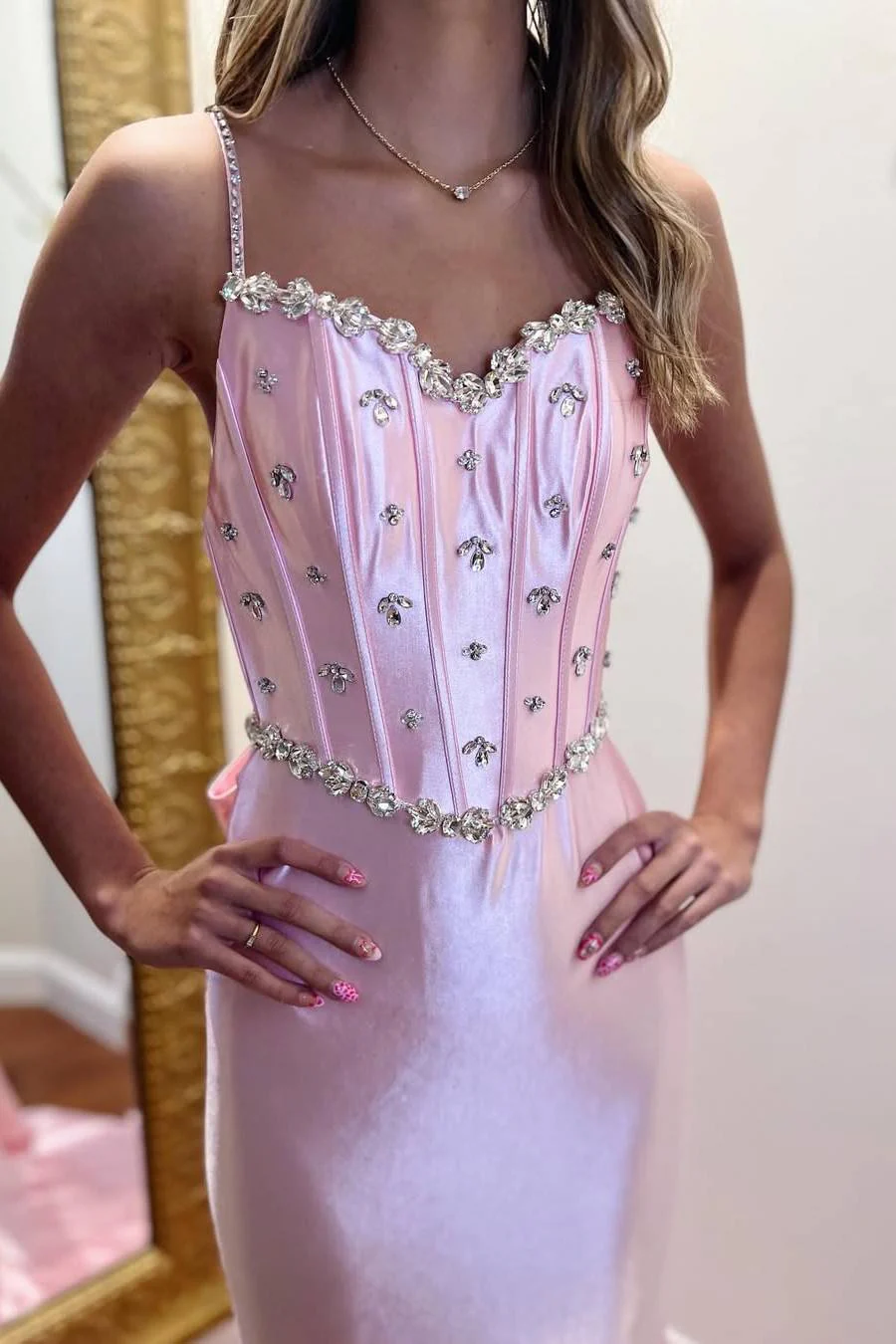 Pink Spaghetti Straps V-Neck Beads Mermaid Prom Dress with Bow J9113