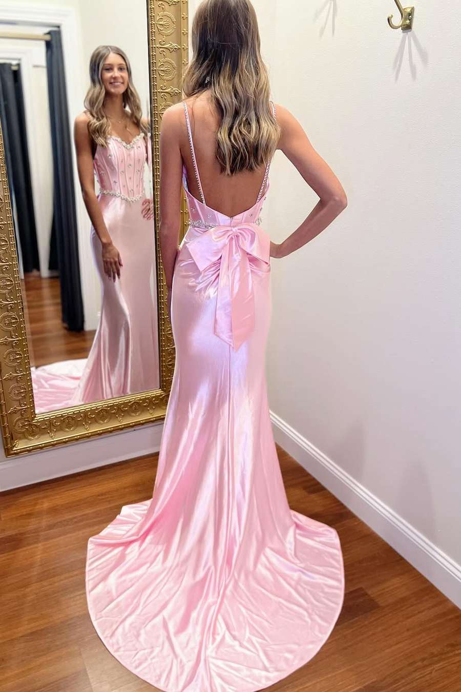 Pink Spaghetti Straps V-Neck Beads Mermaid Prom Dress with Bow J9113