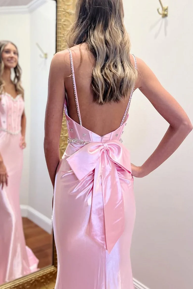 Pink Spaghetti Straps V-Neck Beads Mermaid Prom Dress with Bow J9113