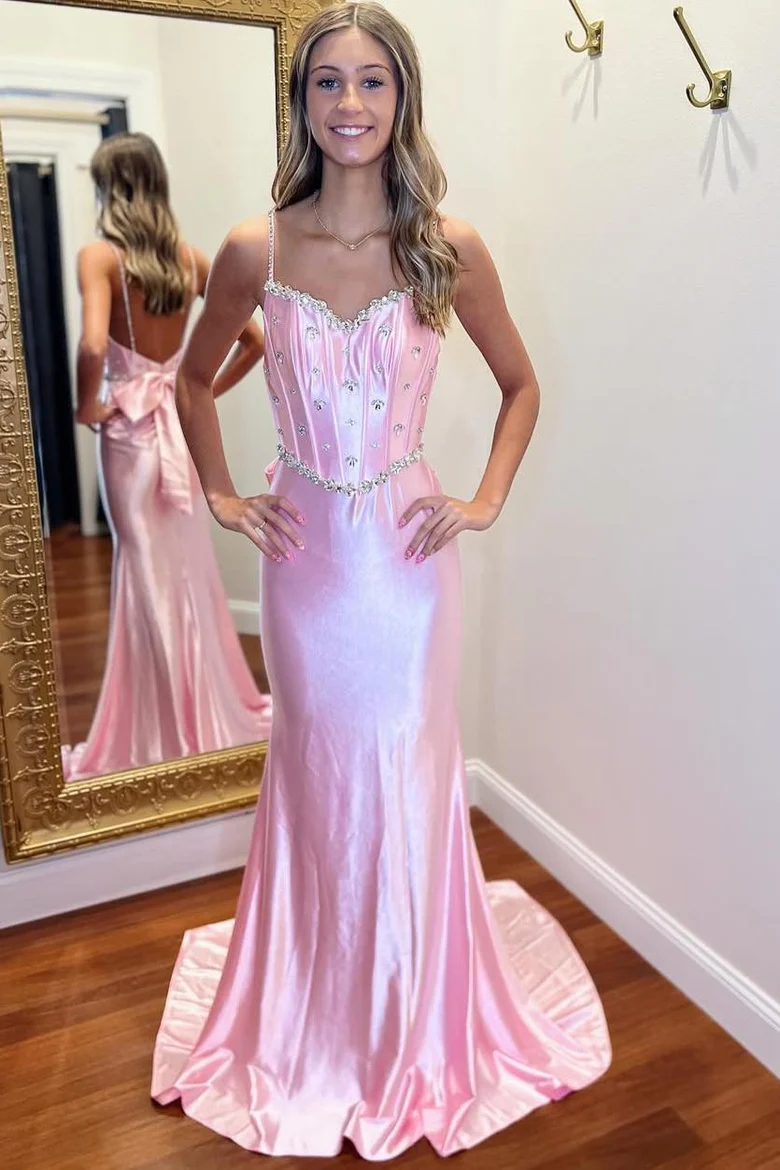 Pink Spaghetti Straps V-Neck Beads Mermaid Prom Dress with Bow J9113