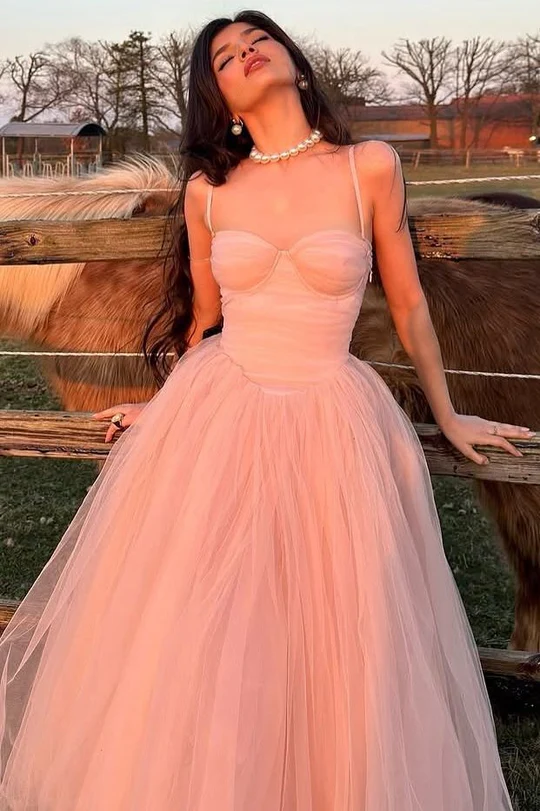 Pink Spaghetti Straps Tulle Long Prom Party Dress J9117