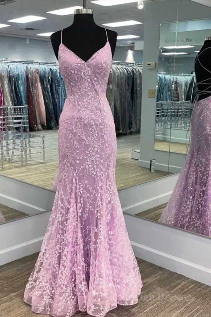 Spaghetti Straps V-Neck Lace Appliques Mermaid Prom Dress J9122