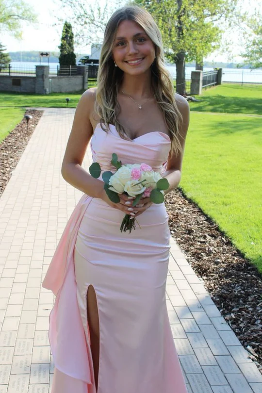 Pink Strapless Sweetheart Satin Formal Prom Dress with Slit J9124