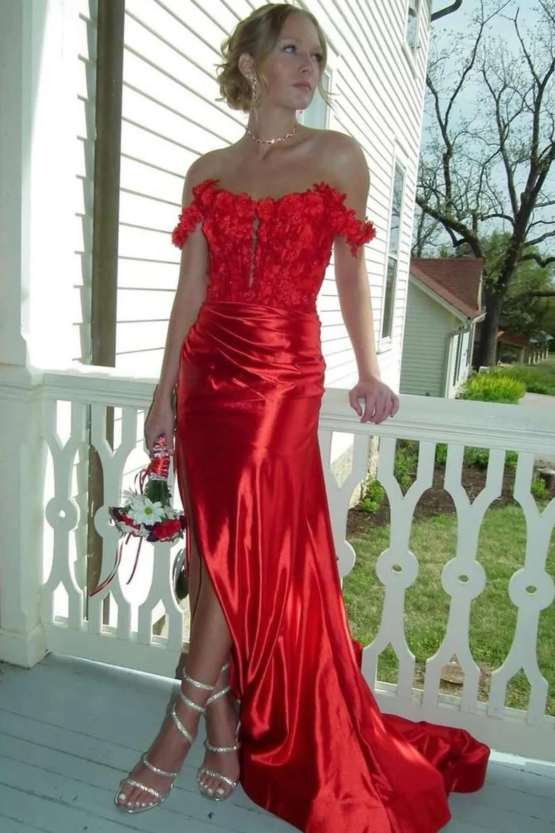 Off-Shoulder Red Appliques Side Slit Long Prom Dress