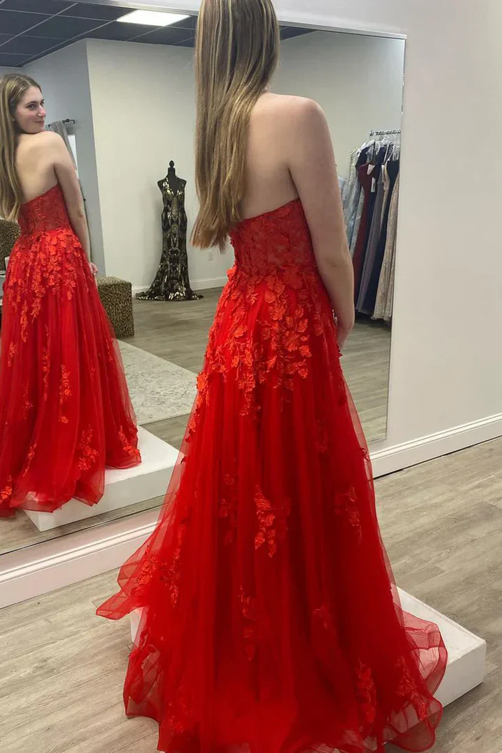 Red Strapless A-Line Sweetheart Appliques Long Prom Dress J9128