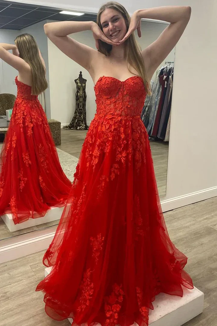 Red Strapless A-Line Sweetheart Appliques Long Prom Dress J9128