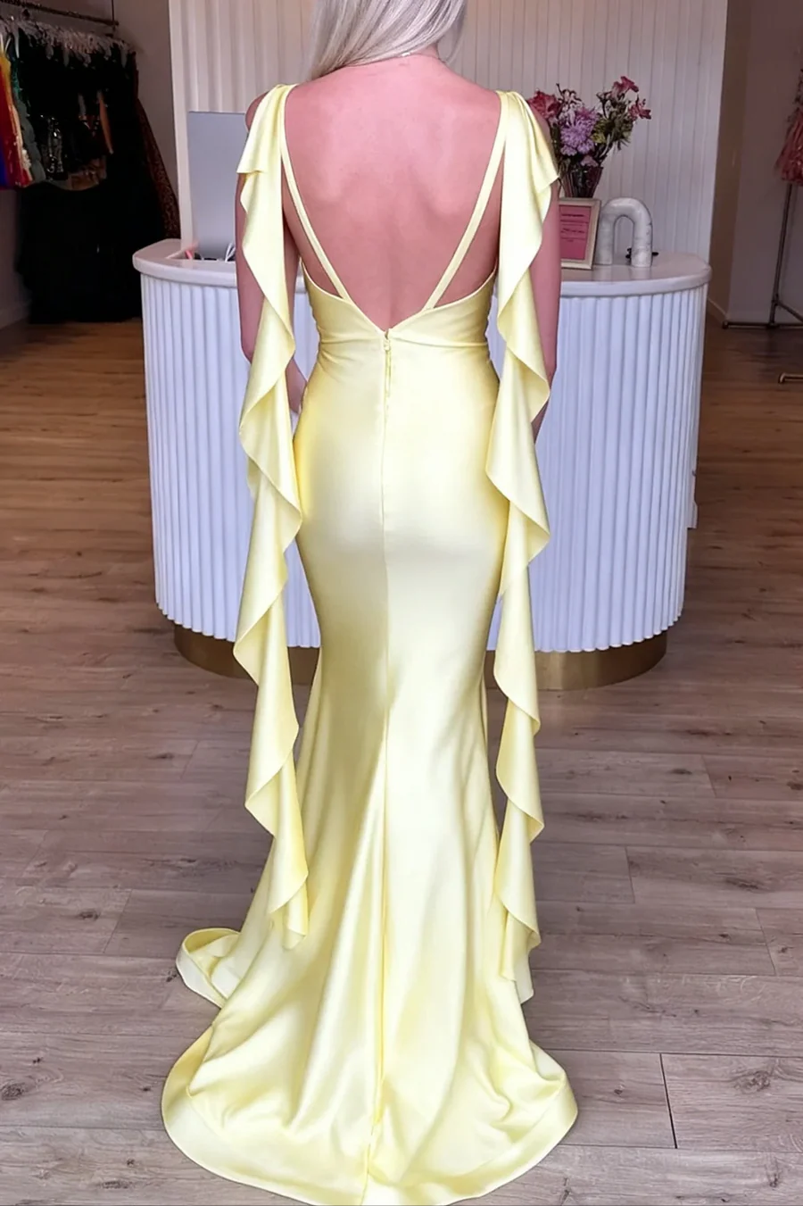 V-Neck Backless Satin Mermaid Long Party Prom Dress With Ruffle J9136
