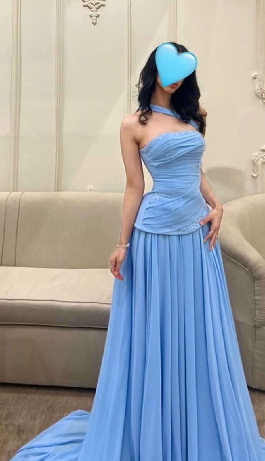 Strapless A Line Blue Prom Dress Formal Wedding Guest Dress J9149