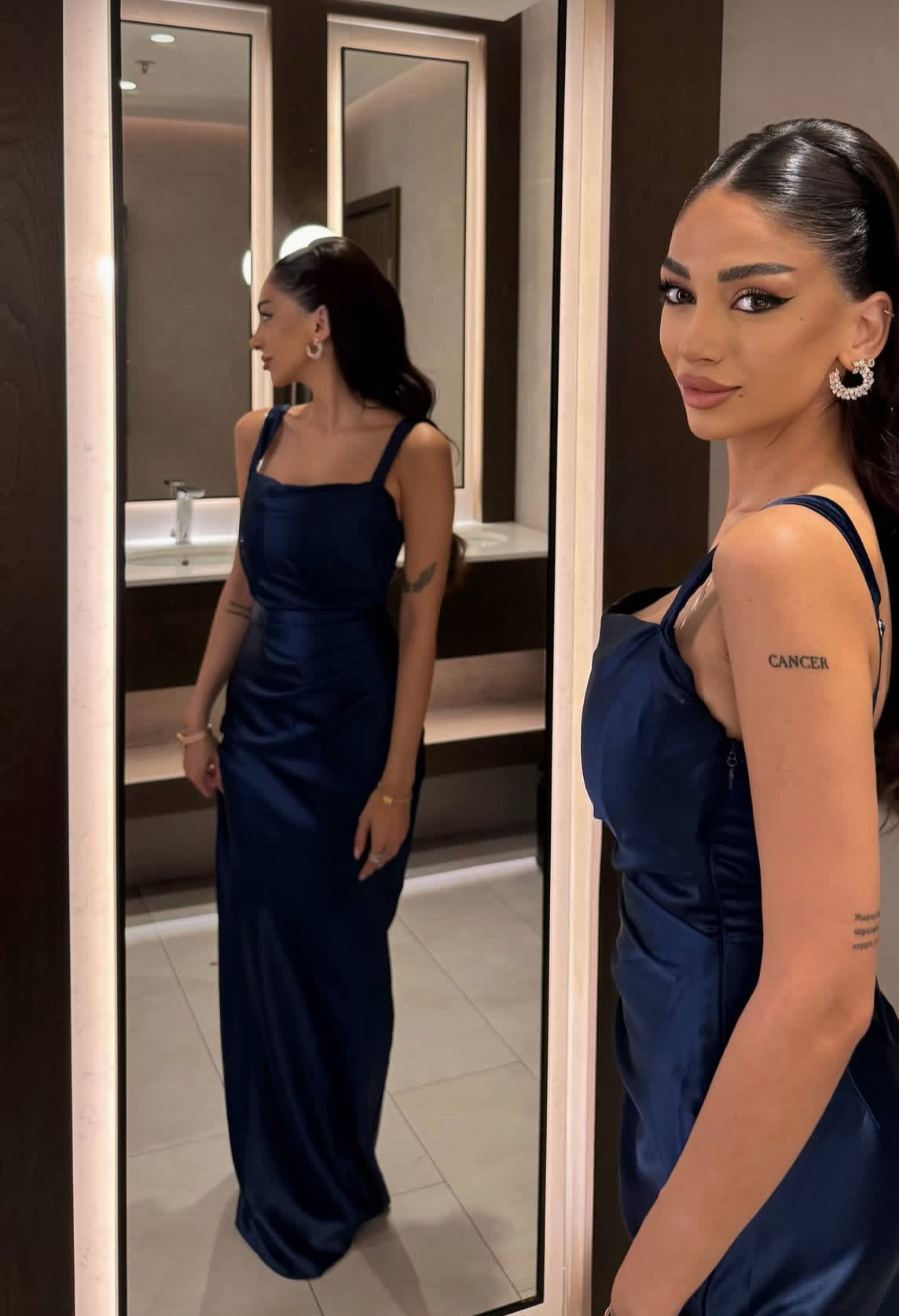 Navy Blue Satin Sheath Prom Dress Formal Graduation Dress J9154