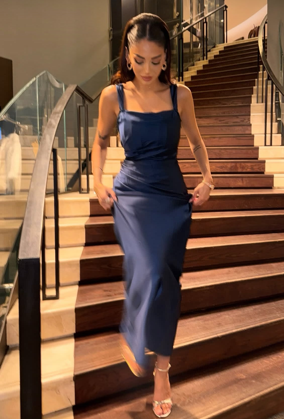 Navy Blue Satin Sheath Prom Dress Formal Graduation Dress J9154