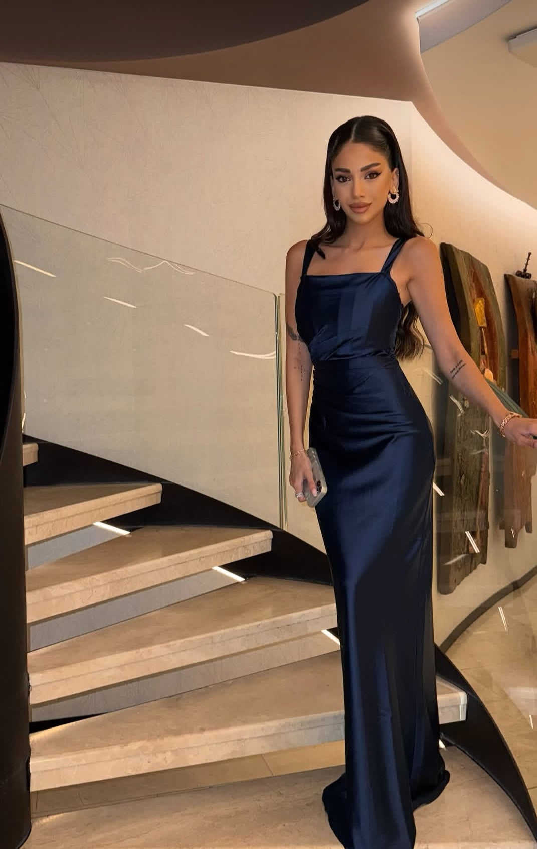 Navy Blue Satin Sheath Prom Dress Formal Graduation Dress J9154
