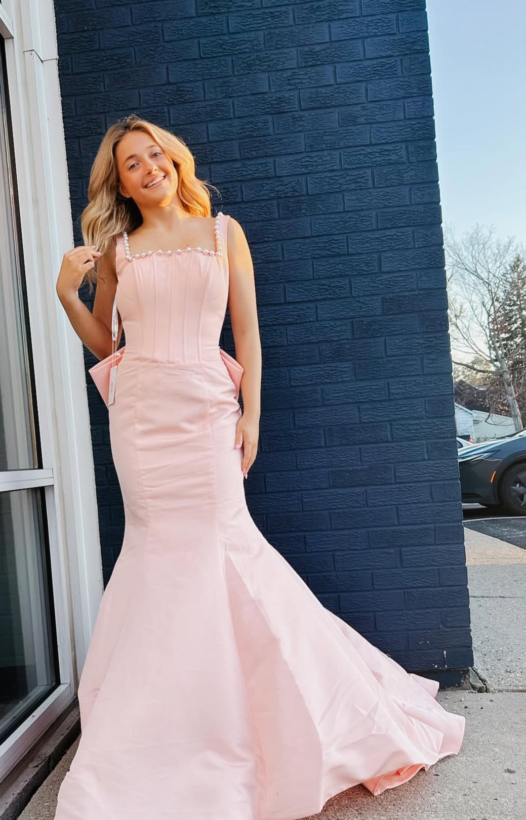 Pink Mermaid Long Prom Dress With Pearl Formal Graduation Dress