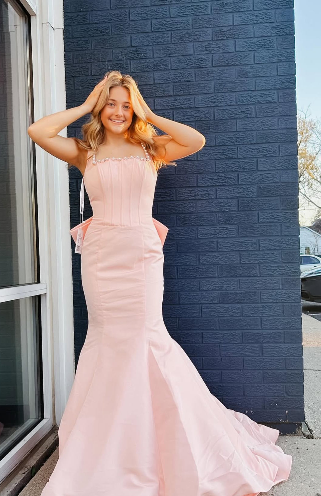Pink Mermaid Long Prom Dress With Pearl Formal Graduation Dress