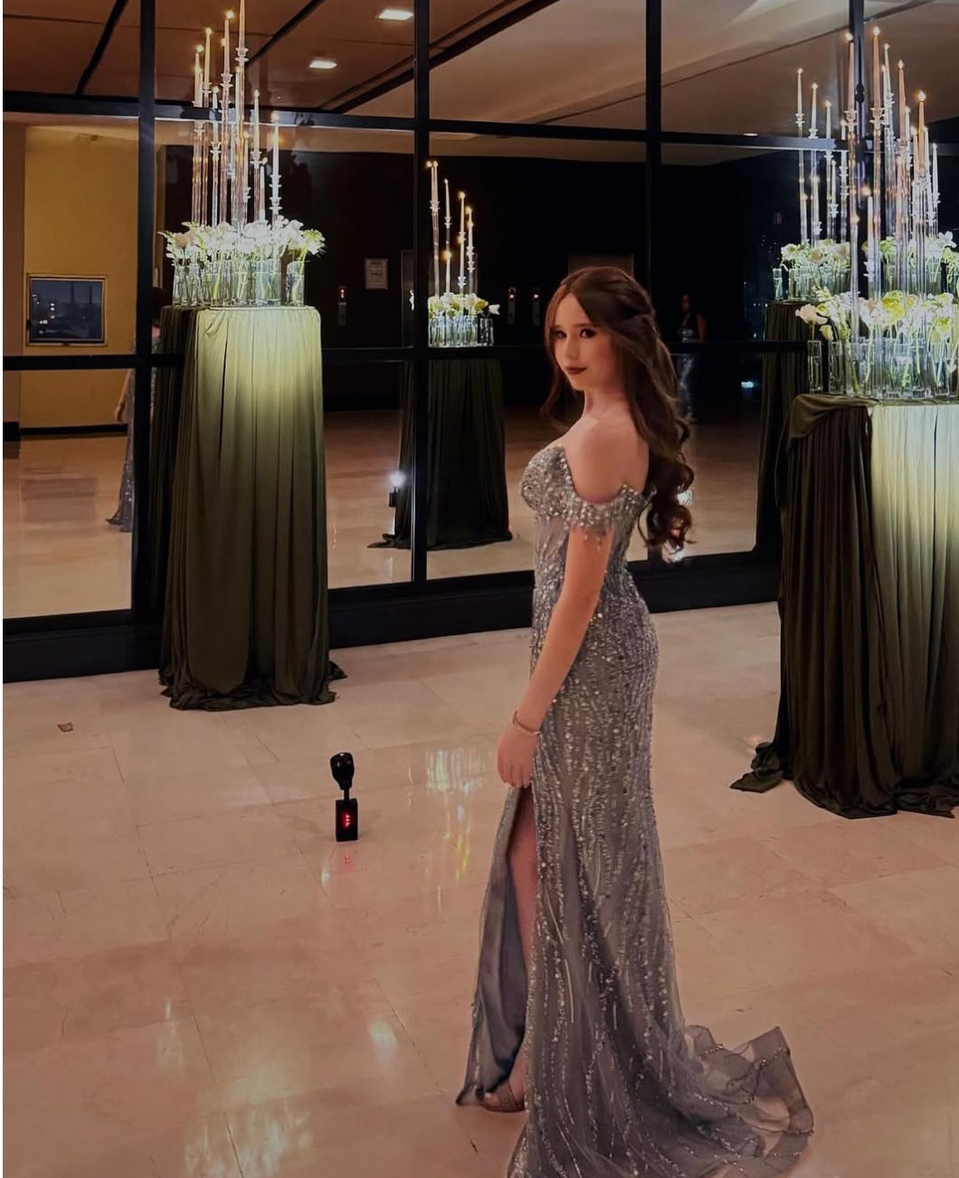 Off The Shoulder Gray Long Prom Dress Sequin Slit Evening Dress J9164