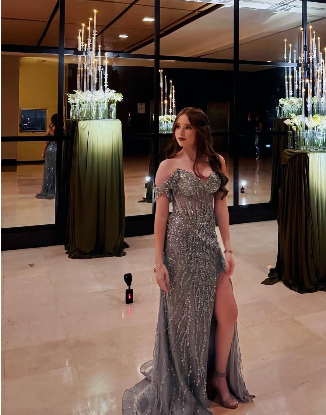 Off The Shoulder Gray Long Prom Dress Sequin Slit Evening Dress J9164