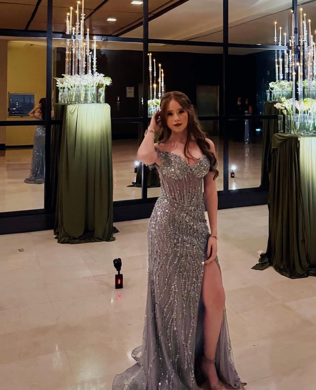 Off The Shoulder Gray Long Prom Dress Sequin Slit Evening Dress J9164