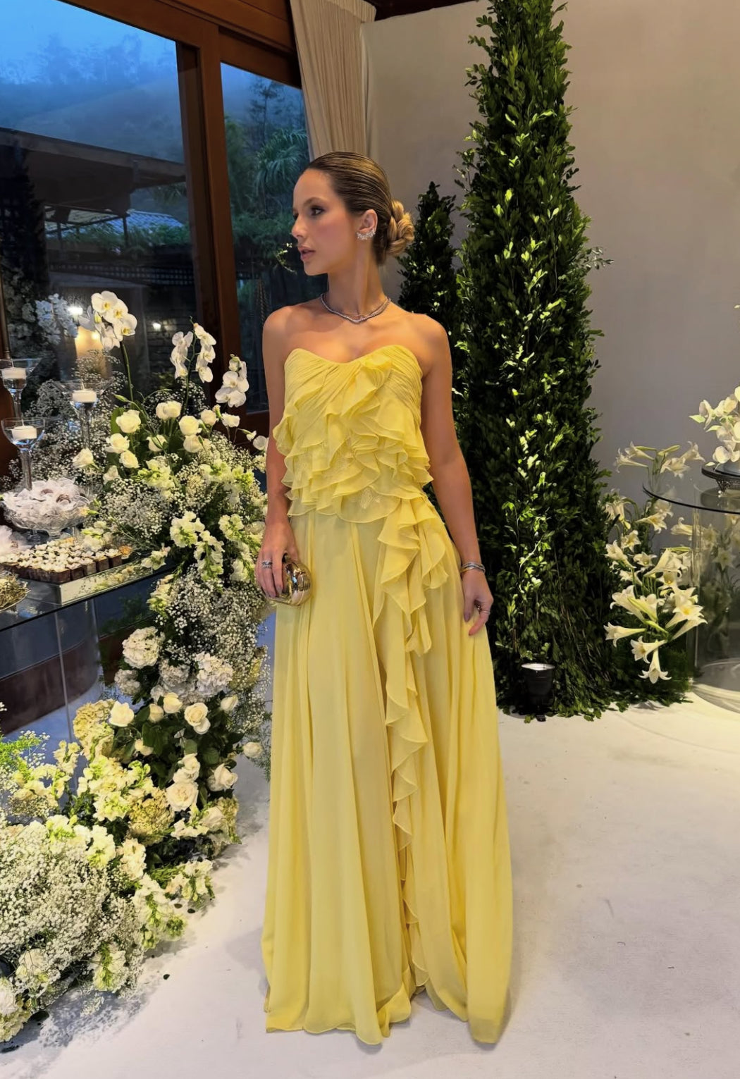 Yellow Ruffle Long Prom Dress Chiffon Wedding Guest Dress