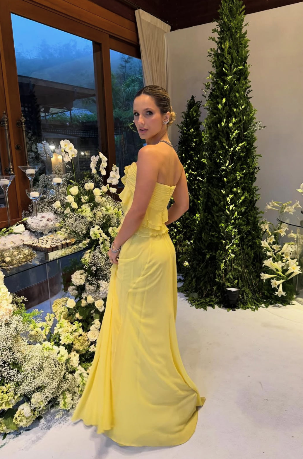 Yellow Ruffle Long Prom Dress Chiffon Wedding Guest Dress