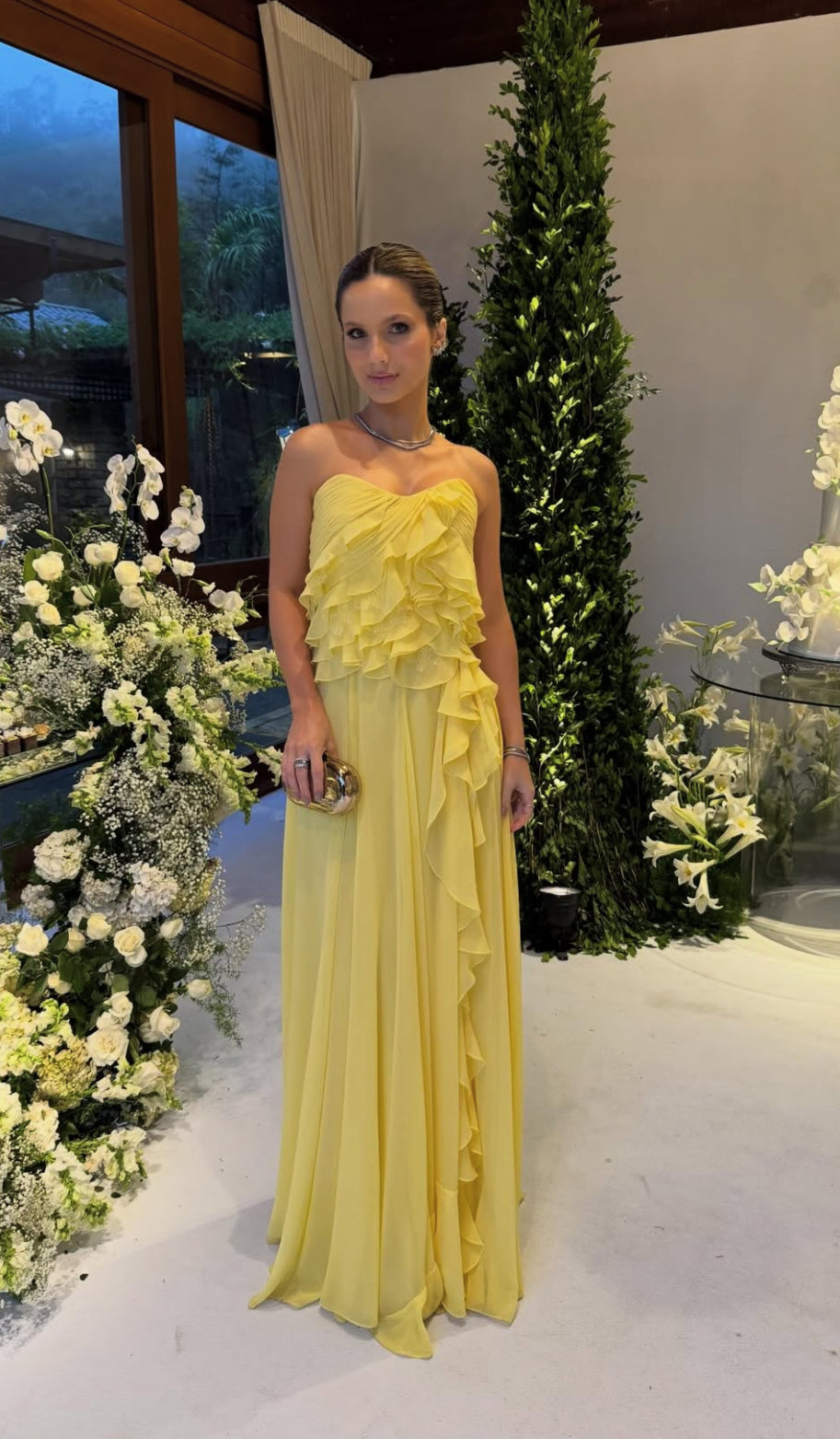 Yellow Ruffle Long Prom Dress Chiffon Wedding Guest Dress