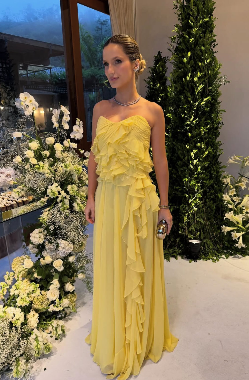 Yellow Ruffle Long Prom Dress Chiffon Wedding Guest Dress