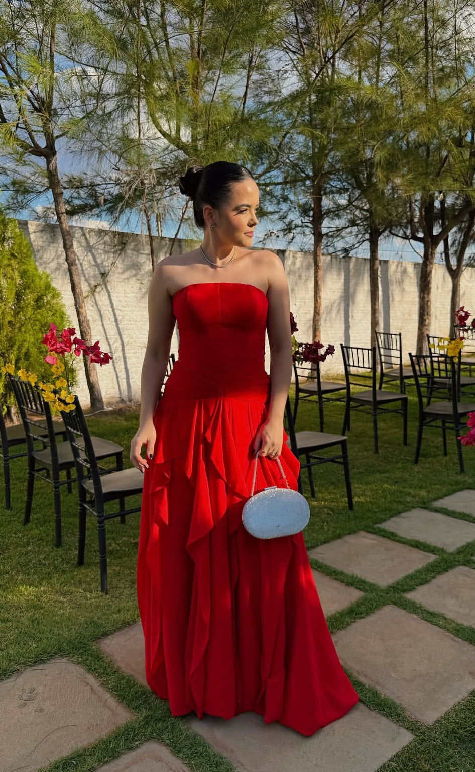 Strapless A Line Red Long Prom Dress Wedding Guest Dress J9172