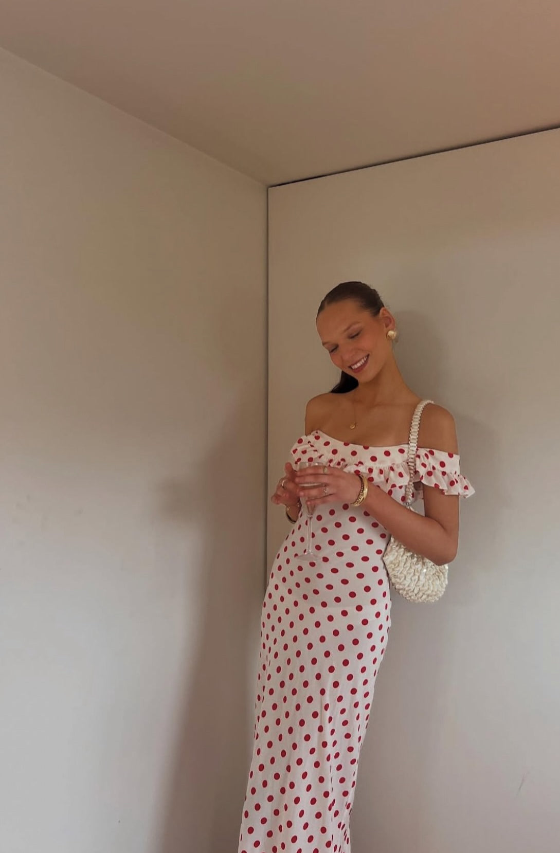 Off-the-Shoulder Sheath Polka Dots Long Prom Dress Formal Party Dress
