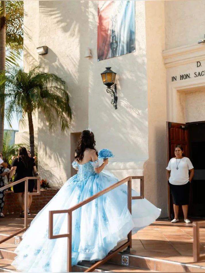 Off-the-Shoulder Blue Ball Gown Birthday Dress Princess Sweet 16 Dress