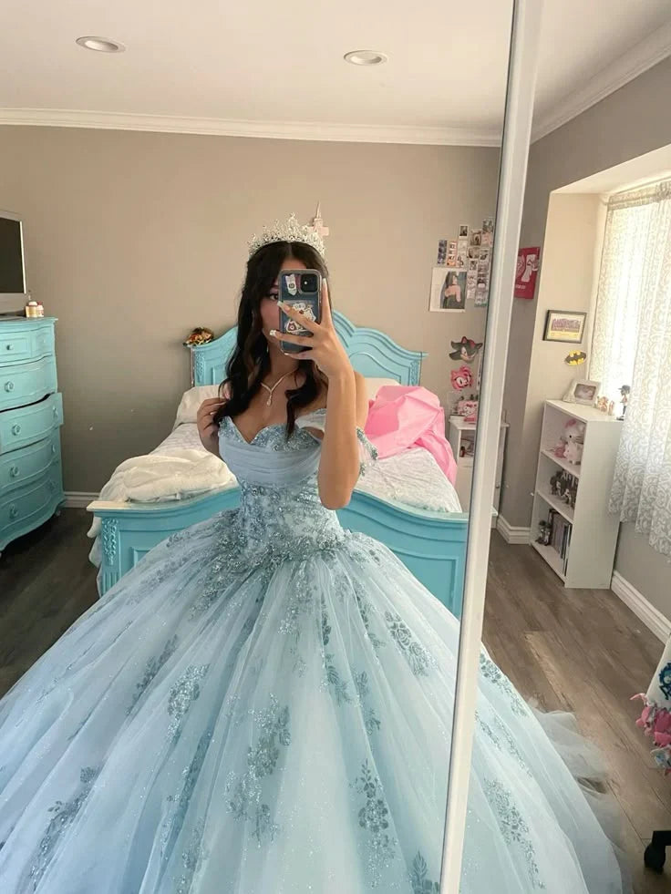 Off-the-Shoulder Blue Ball Gown Birthday Dress Princess Sweet 16 Dress