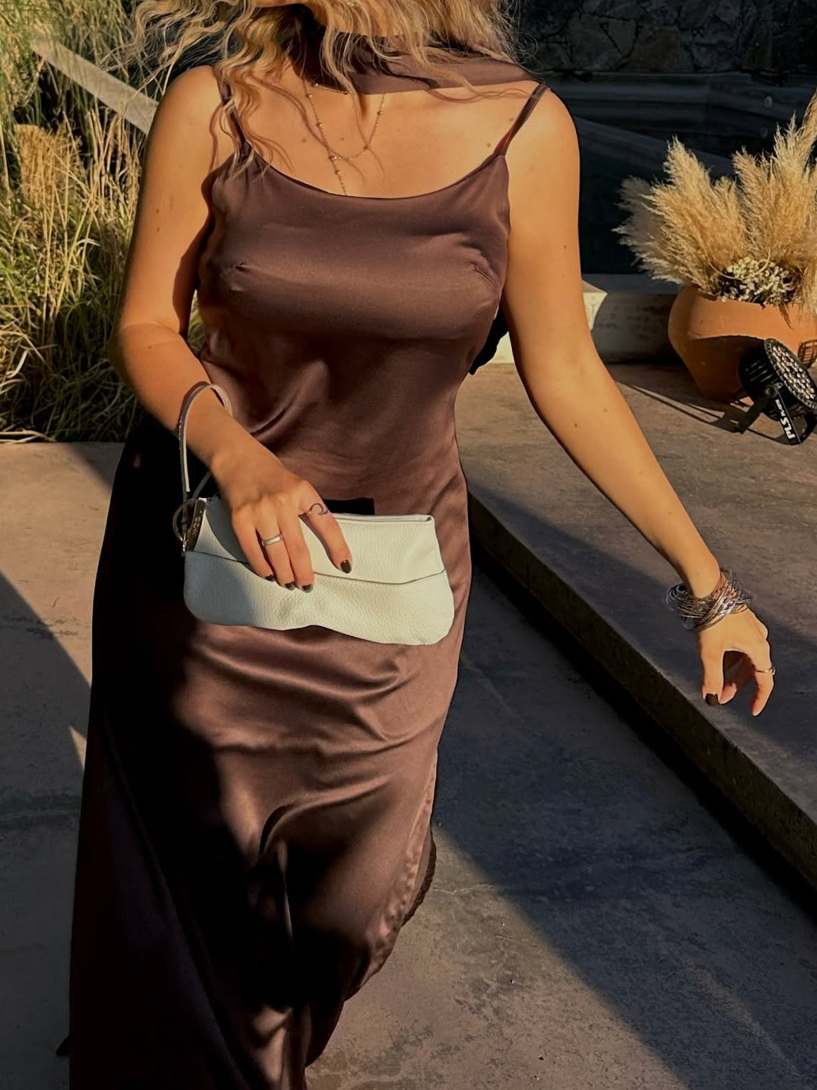 Brown Wedding Guest Dress With Side Slit Satin Evening Dress J9184