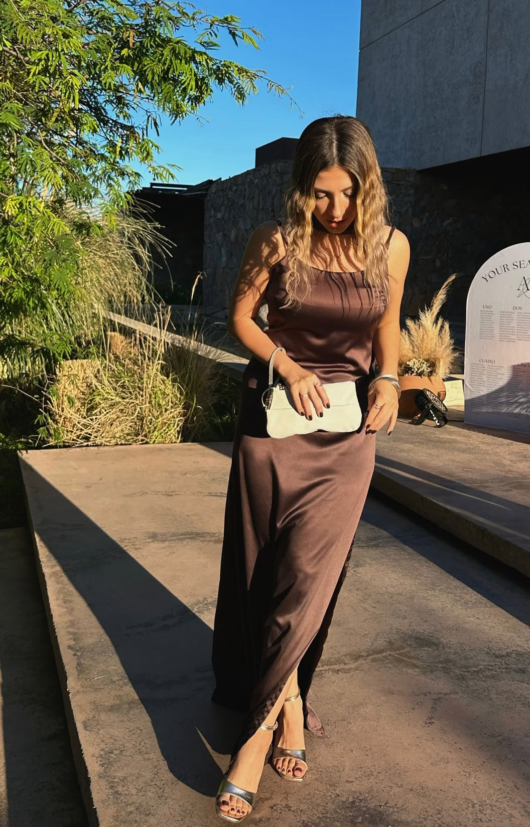 Brown Wedding Guest Dress With Side Slit Satin Evening Dress J9184