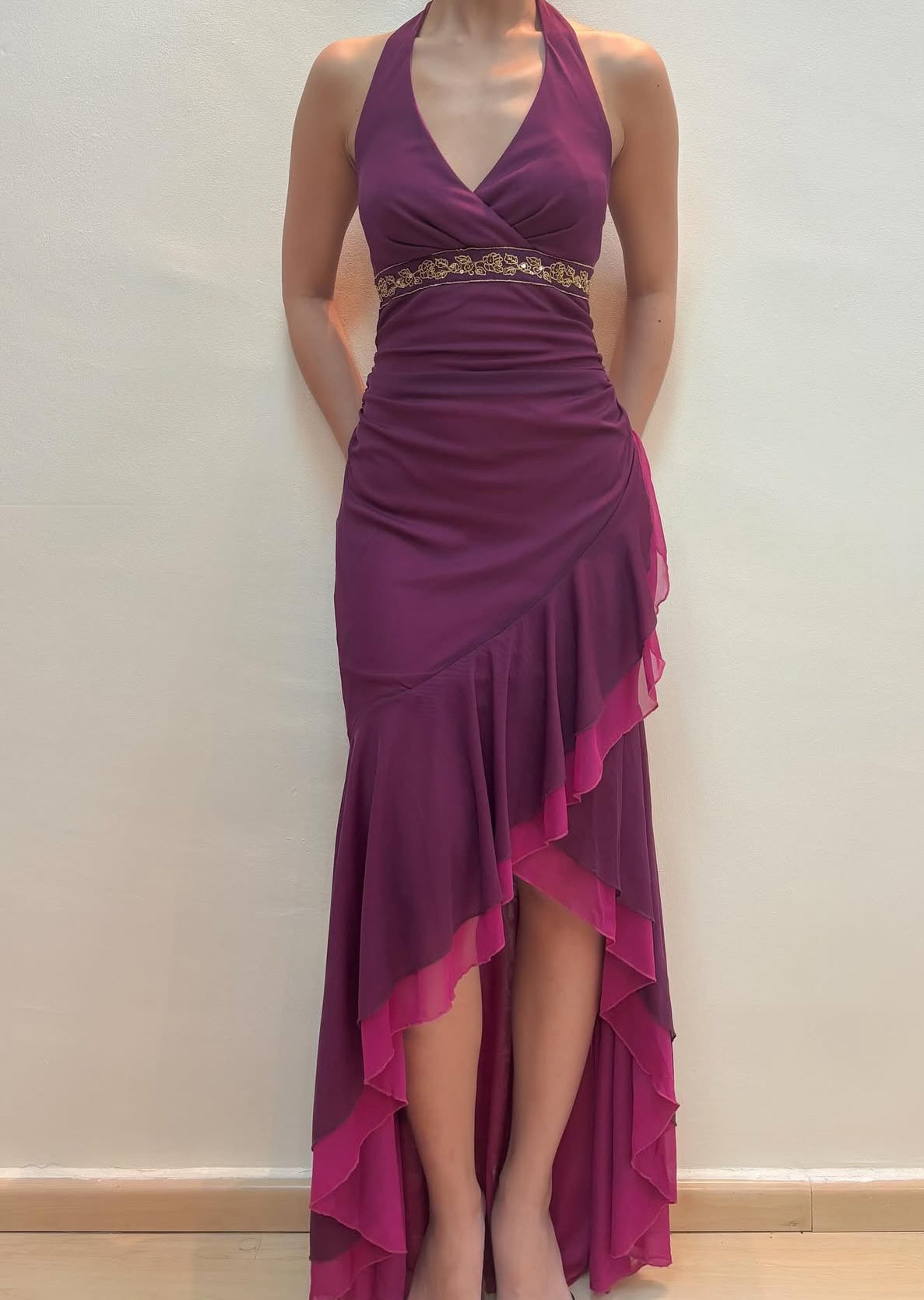 Halter Mermaid Ruffle Vintage Long Prom Dress Fuchsia Evening Party Dress