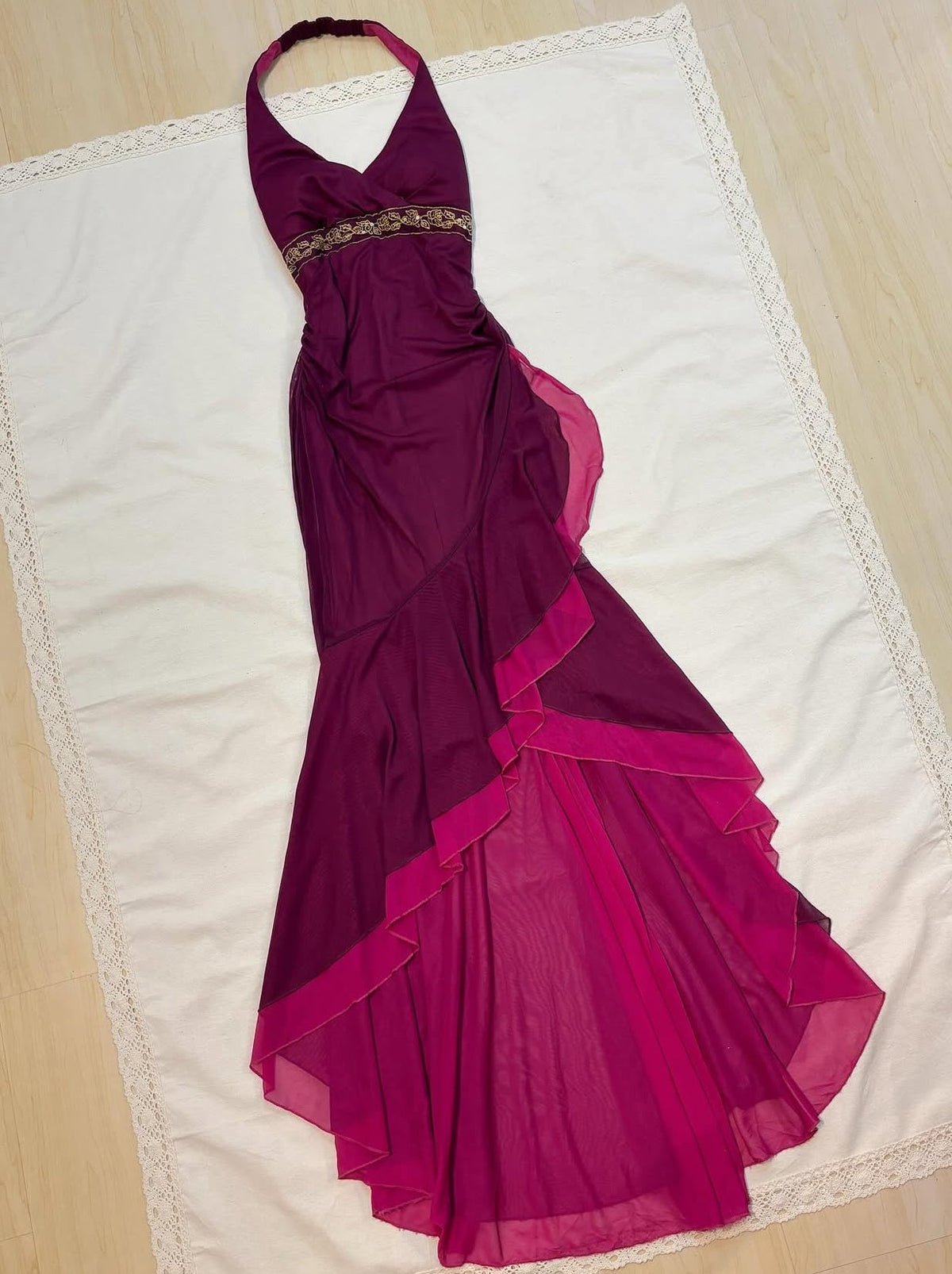 Halter Mermaid Ruffle Vintage Long Prom Dress Fuchsia Evening Party Dress