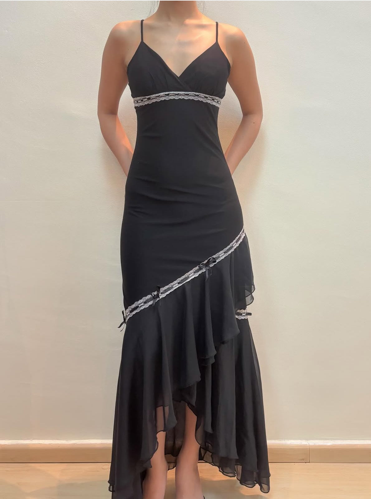 Black Ruffle Vintage Prom Dress Ruffle Evening Party Dress With White Lace