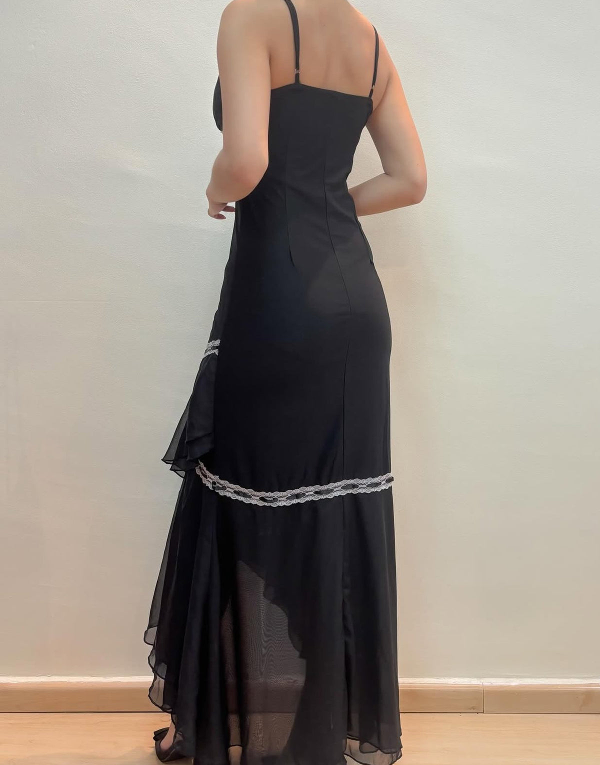 Black Ruffle Vintage Prom Dress Ruffle Evening Party Dress With White Lace
